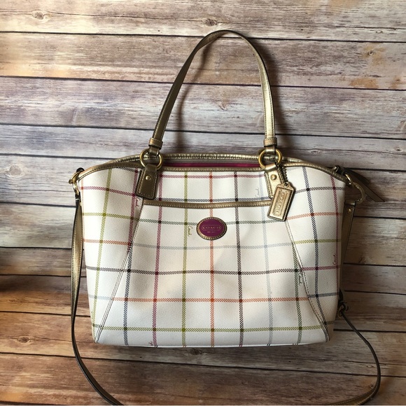 Coach Peyton Tattersall Tote Purse Handbag Ivory Plaid - Picture 4 of 15